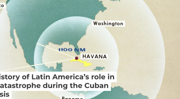 A map prepared by the Defense Department in 1962 shows potential ranges of Soviet ballistic missiles from Cuba. Department of Defense Cuban Missile Crisis briefing materials/John F. Kennedy Presidential Library and Museum